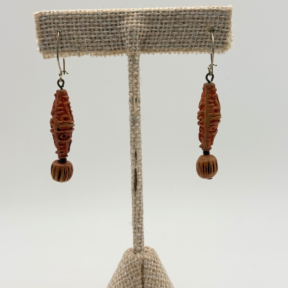 Artsy Wood Boho Earth Colors Ethereal Carved Dangle Drop Earrings OS Brown